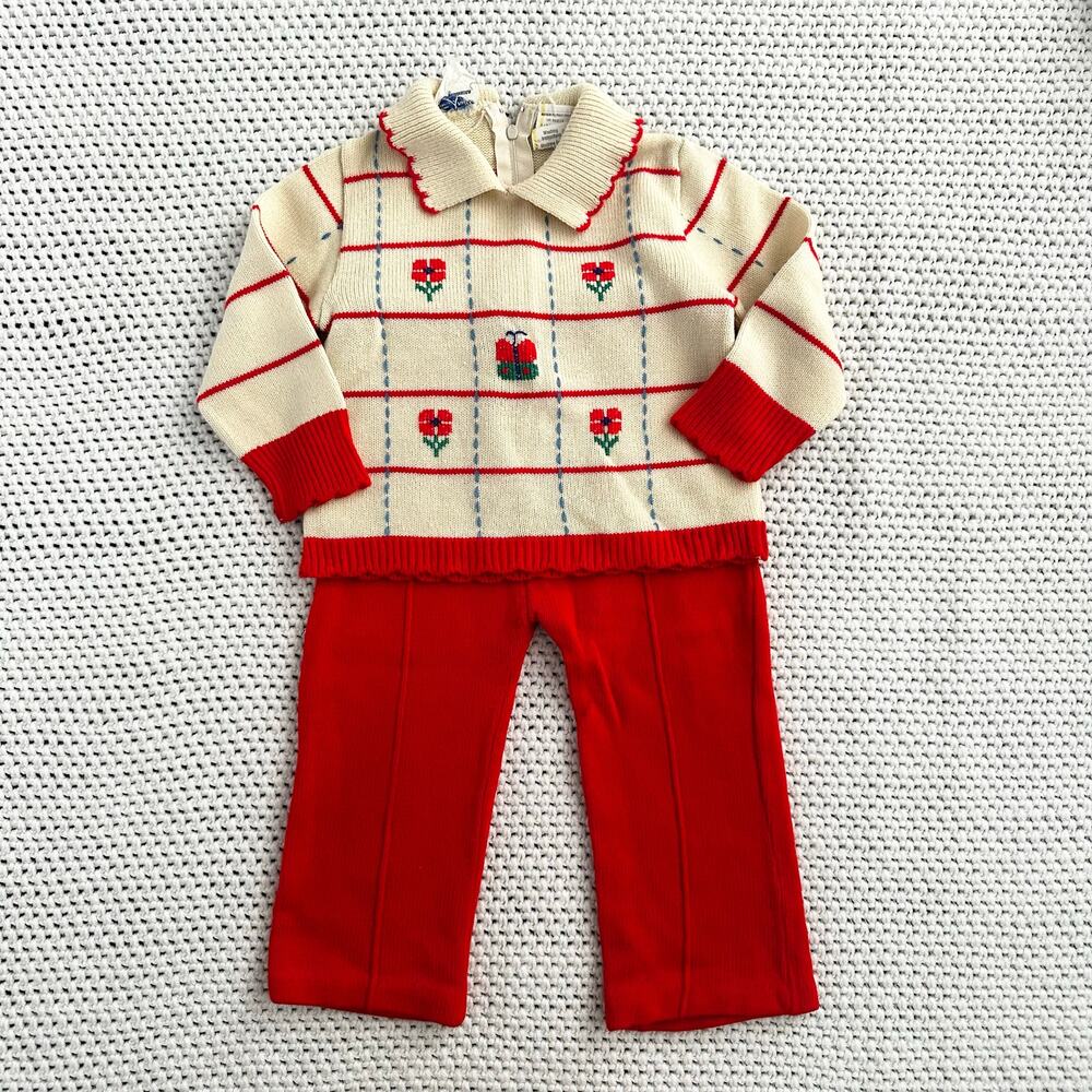 Little Angel Red Cream Two Piece Cottage Floral Knit Sweater Pants Set 2 Toddler